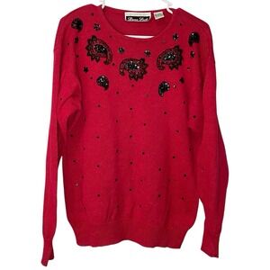 Dana Scott Large Red Sweater Beaded‎ Paisley Sequin Embellished Vintage Granny